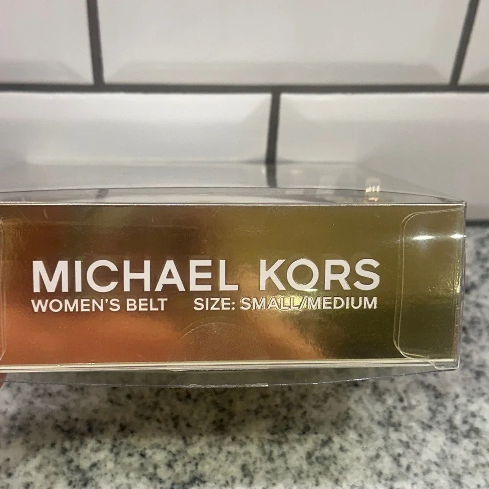 Michael Kors Women's MK Signature Logo Belt Small Medium Gold Buckle Classic New
